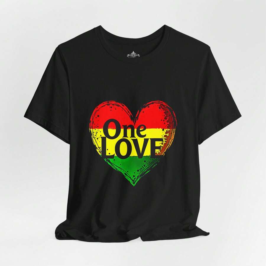 Reggae T-Shirt With Heart Print And Round Neck, Summer Clothes For Women, Women's Summer Clothes, Plus Size Women's Clothing, Casual Wear, Y2K Clothing, T-Shirts For Men - 黑色 - 查看 1