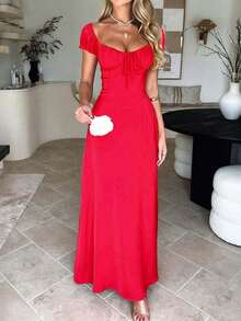 Women's Elegant Square Neck Maxi Dress, Puff Short Sleeve Tie Front A-Line Long Dress, High Waist Corset Detail Flowy Swing Dress, Casual Chic Evening Party Cocktail Dress, Summer Vacation - 紅色 - 查看 1
