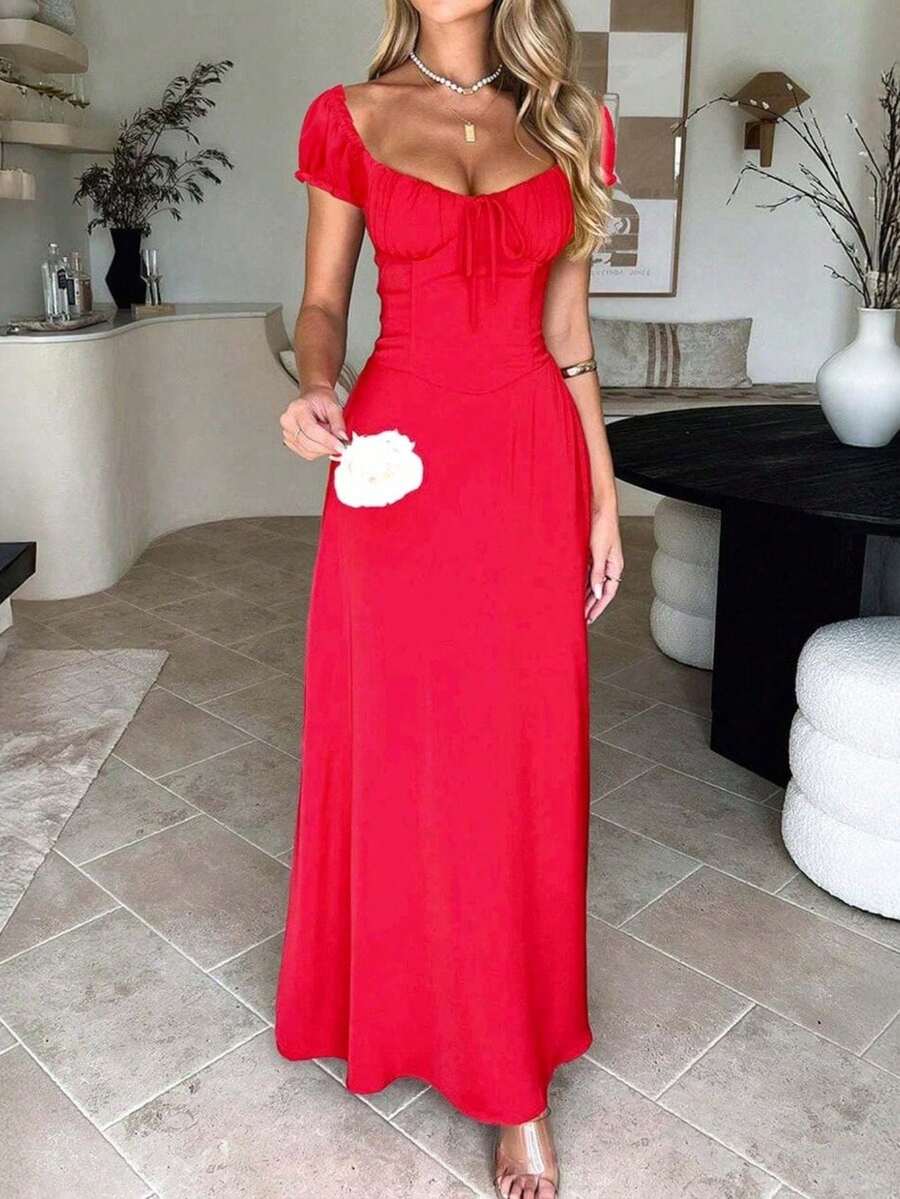 Women's Elegant Square Neck Maxi Dress, Puff Short Sleeve Tie Front A-Line Long Dress, High Waist Corset Detail Flowy Swing Dress, Casual Chic Evening Party Cocktail Dress, Summer Vacation - 紅色 - 查看 1