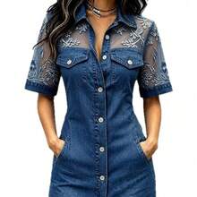Denim Shirt Dress With Mesh Floral Embroidery, Short Sleeve, Button Front, Collared Neck, Bodycon Silhouette, With Pockets, Perfect For Casual Wear, Outings, And Parties - Azul - Ver 3