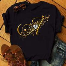 Camiseta de Mujer con Combinación de Letras Personalizadas, Manga Corta con Letras de Diamantes Dorados, Negra, Cómoda y Elegante. - Negro - Ver 1