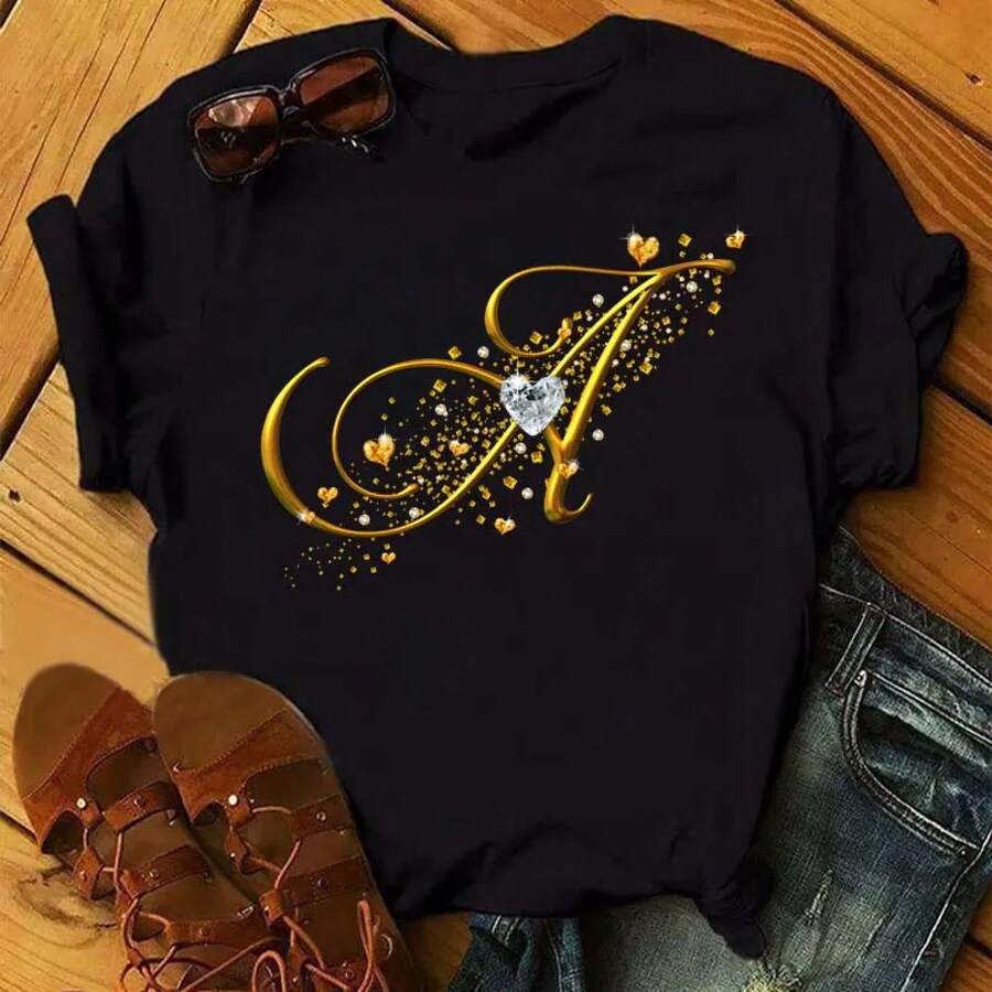 Camiseta de Mujer con Combinación de Letras Personalizadas, Manga Corta con Letras de Diamantes Dorados, Negra, Cómoda y Elegante. - Negro - Ver 1