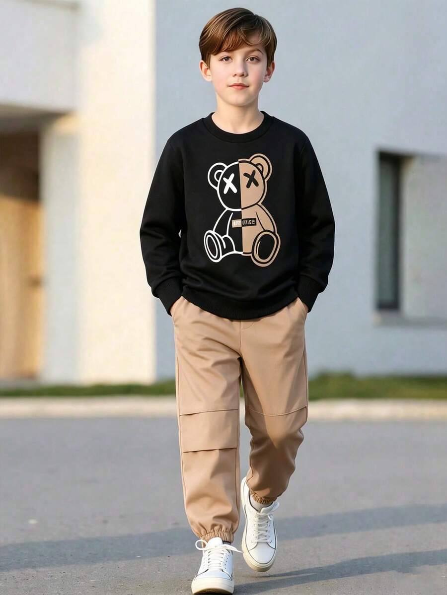 Tween Boy Bear Pattern Warm Crew Neck Sweatshirt And Woven Pants Set - Black - View 1