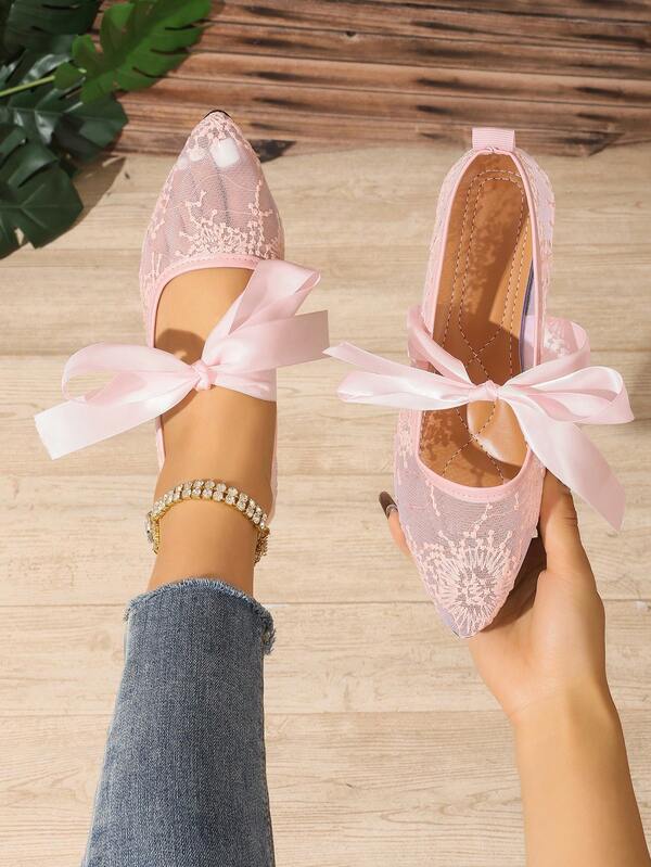 Pink Lace Mesh Ballet Flats, Pointed Toe Satin Bow Mary Jane Shoes, Soft Sole Comfortable Ballerina Shoes