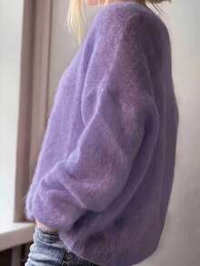Women's Deep V-Neck Light Purple Mohair Pullover Knit Sweater, Hollow Out Fluffy Semi-Sheer Solid Color Loose Fit Versatile Top Fall - Purple - View 3