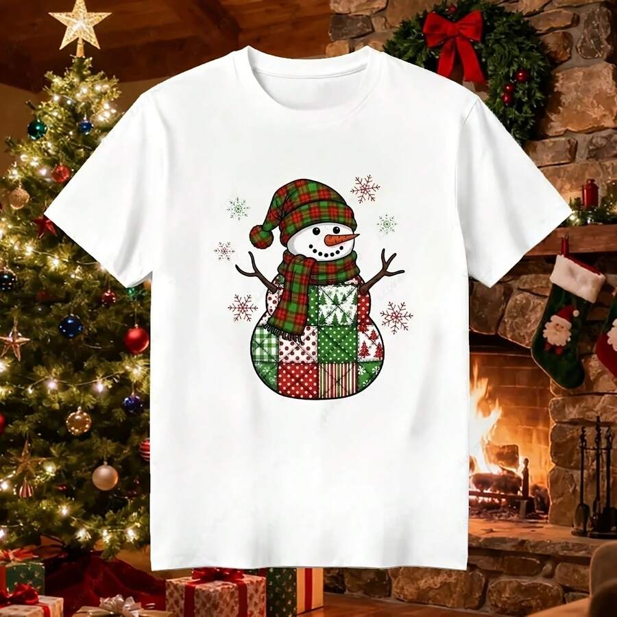 Camisetas con estampado gráfico de dibujos animados de muñeco de nieve de retales, camiseta Retro divertida de Feliz dad, camiseta bonita de moda para mujer, ropa informal - Multicolor - Ver 1