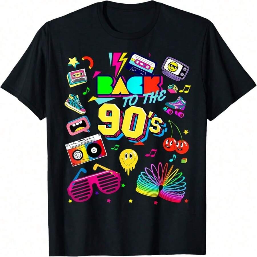 1 pieza Camiseta Vintage de los 90 con Diseño Gráfico, 180g 100% Algodón - Negro 1 - Ver 1