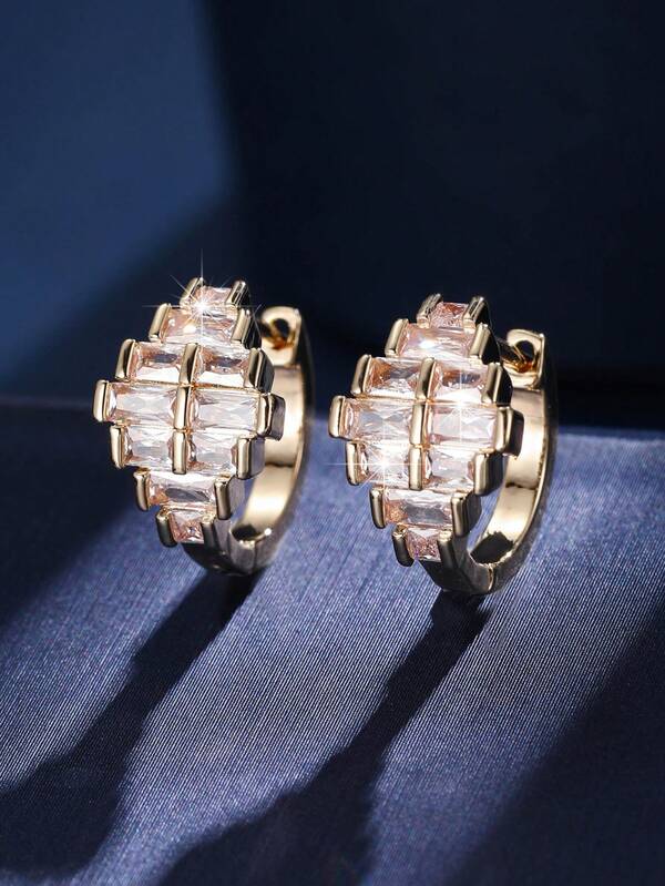 1 Pair Casual Geometric Square Pave Zirconia Hoop Earrings For Women, Daily Streetwear Commute Design Sense Elegant Earrings
