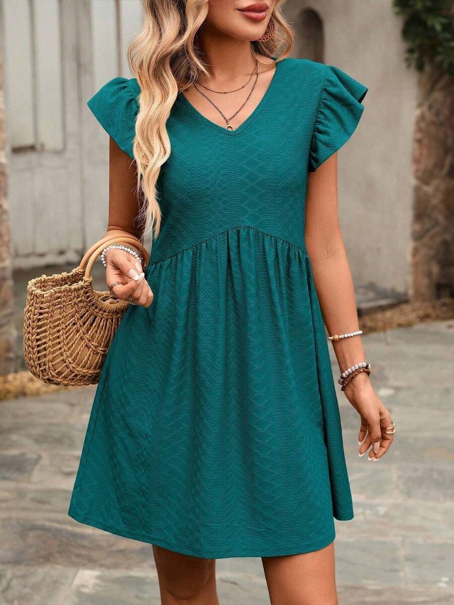 REFRESH YOUR WARDROBE NOW! French-Style Day Dress, V-Neck, Short Sleeves With Romantic Ruffles, Wide And Flowing Skirt, The Essence Of Country Chic For Walks In The Sun - Medium Wash - View 1