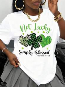 It's Not Just Luck, St. Patrick's Day T-Shirt With Heart And Shamrock Design, Religious Quote From Romans 4:78, White Crew Neck T-Shirt For Women, Men, Unisex, Ro - 白色 - 查看 1