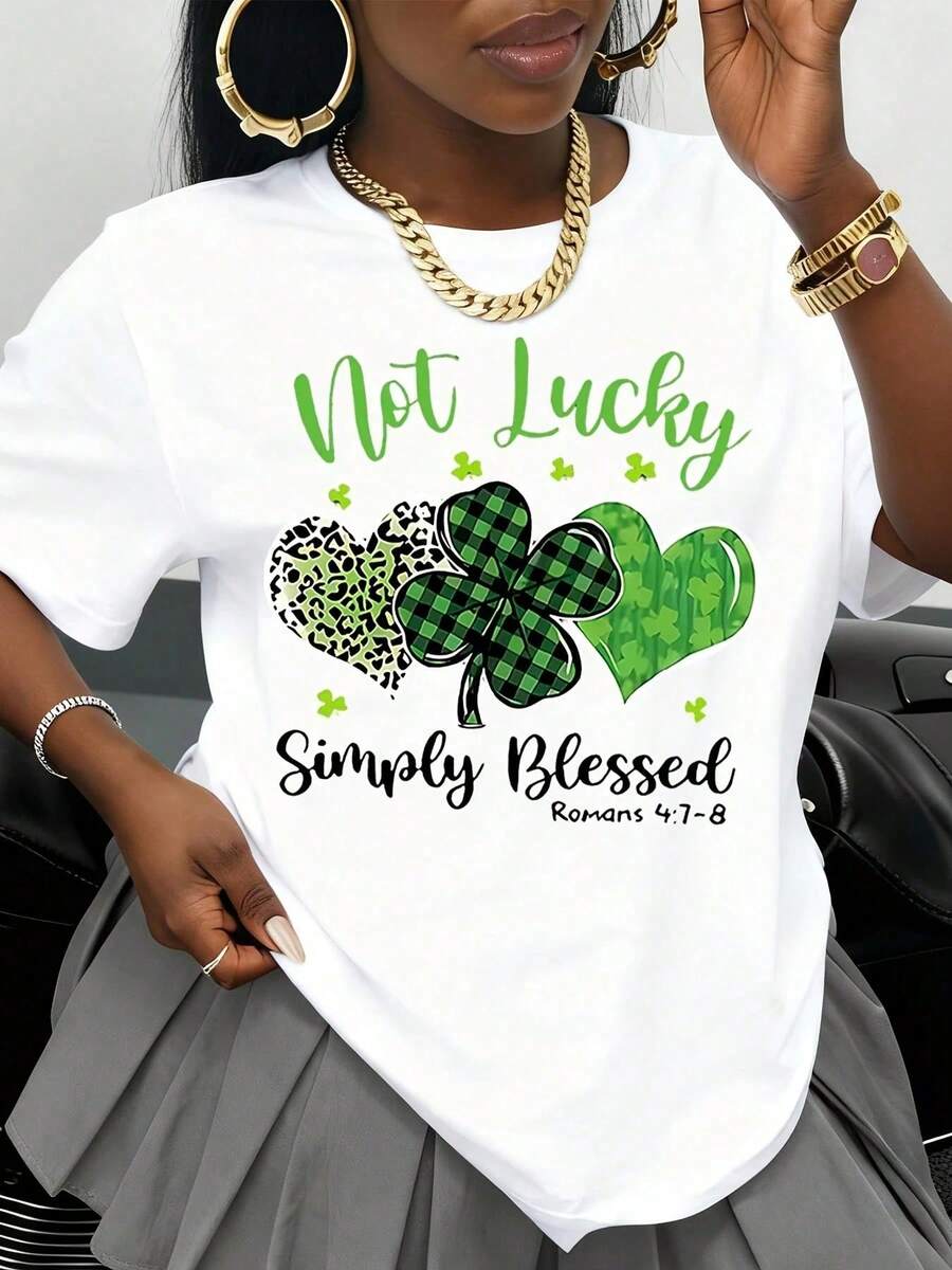 It's Not Just Luck, St. Patrick's Day T-Shirt With Heart And Shamrock Design, Religious Quote From Romans 4:78, White Crew Neck T-Shirt For Women, Men, Unisex, Ro - 白色 - 查看 1