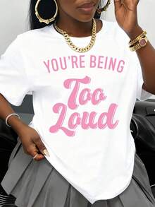 Women's "You're Making Too Much Noise" Graphic T-Shirt, Oversized White T-Shirt With Pink Text, Casual Urban Fashion T-Shirt, Summer Outfit Idea - 白色 - 查看 1