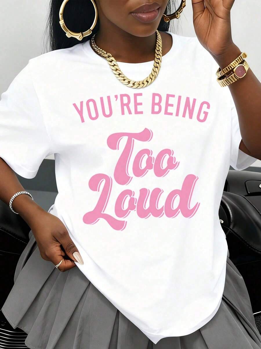 Women's "You're Making Too Much Noise" Graphic T-Shirt, Oversized White T-Shirt With Pink Text, Casual Urban Fashion T-Shirt, Summer Outfit Idea - 白色 - 查看 1