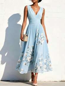 Elegant Women's Dress With Floral Pattern, Pleated Texture, And Flowing Cut - 藍色 - 查看 5