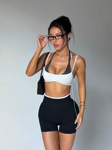 Sport Studio Polka Dot Halter Neck Sports Bra Double Layer Fitness Tank Top Gym Top White Summer - White - View 2