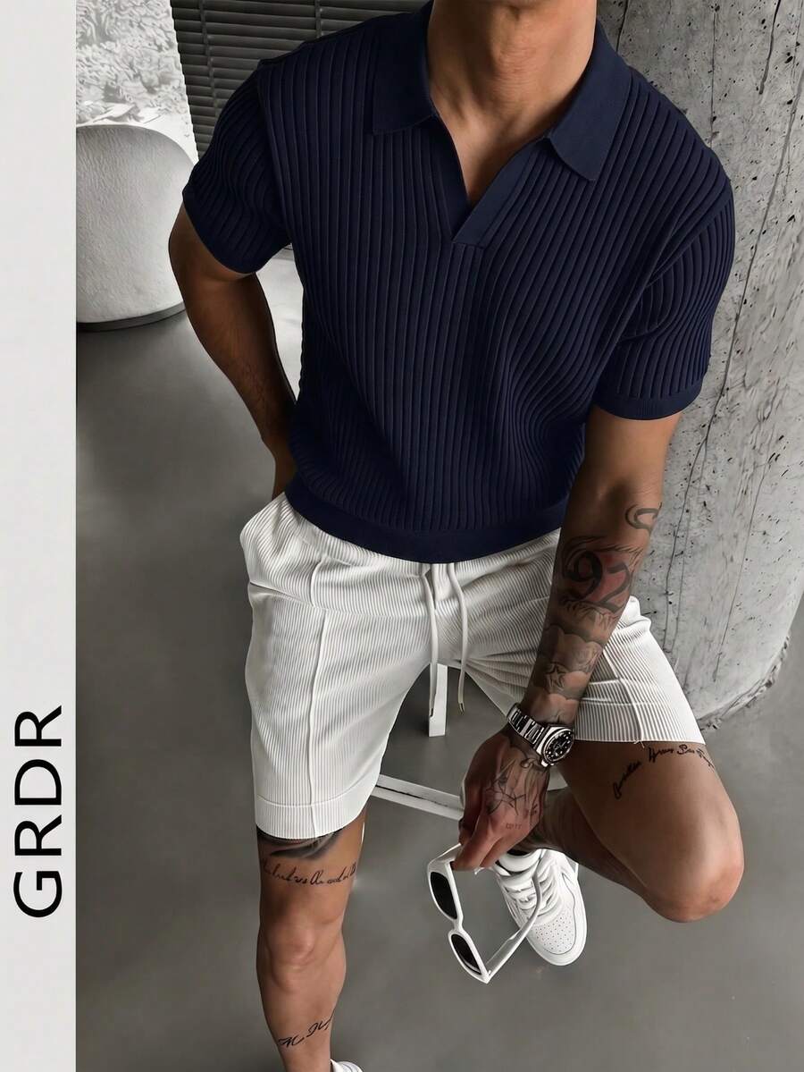 GRDR 男士纯色短袖针织毛衣，夏季时尚