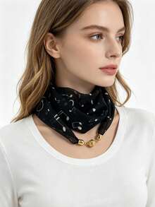 1pc Women's Music Note Print Magnetic Buckle Square Scarf, Lightweight Faux Silk Material, Scarf With Built-In Buckle - Multicolor - View 13
