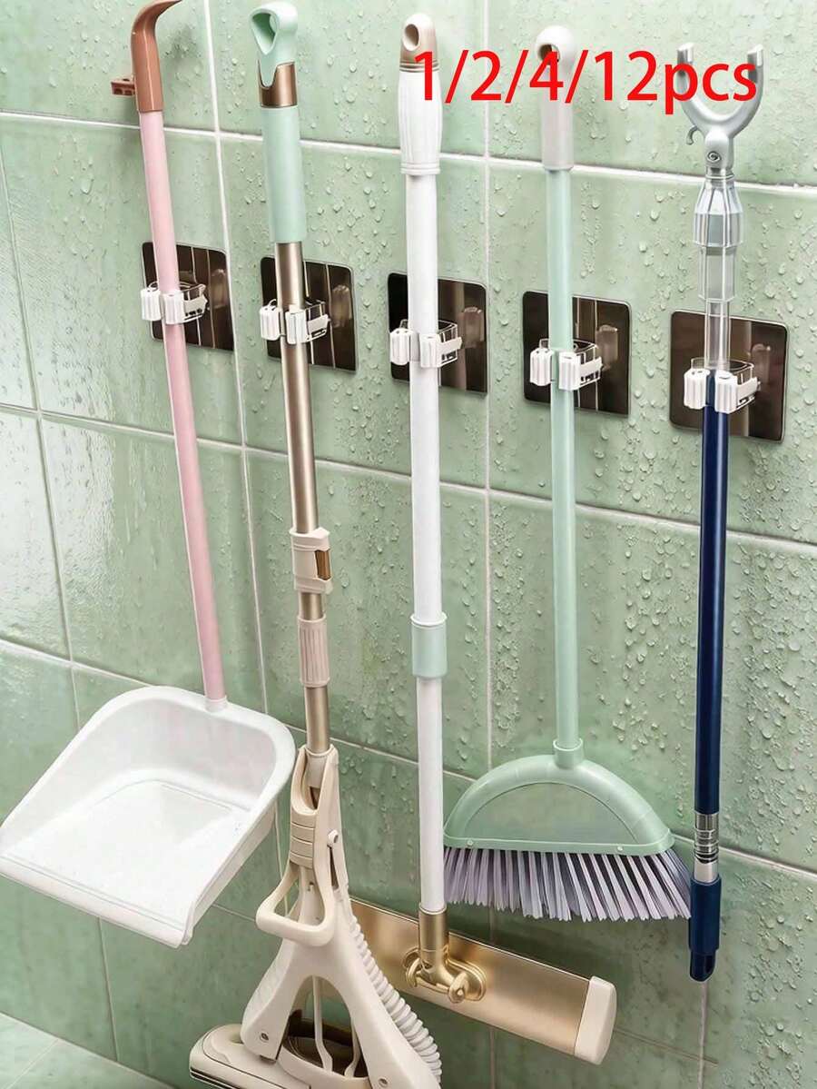12pcs/4pcs/2pcs/1pc White Wall-Mounted Drill-Free Strong Adhesive Hook Clips, Mop Holder Storage Clips, Suitable For Bathroom And Kitchen Storage [Choose Wall Surface Carefully, Rough Walls May Cause Detachment]