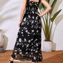 Vestido maxi con estampado floral, hombros con lazo y escote fruncido de gasa para mujer - Negro1 - Ver 3