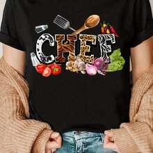 T-Shirts Printed With Chef Tools And Ingredients, T-Shirts For Cooking Enthusiasts, T-Shirts For Chef Groups, Gifts For Chefs, Leopard Print T-Shirts - 黑 - 查看 2