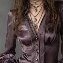 TADT Blusa de satén con cuello en V, manga abullonada y encaje retro francés elegante, camisa de mujer de manga larga con botones frontales y parches de encaje, - púrpura brumoso - Ver 4