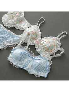 Fresh Style Students Lace Print Small Bust Cotton Lining Straps Bra Set. - With Pretty White Trim + M. - View 4