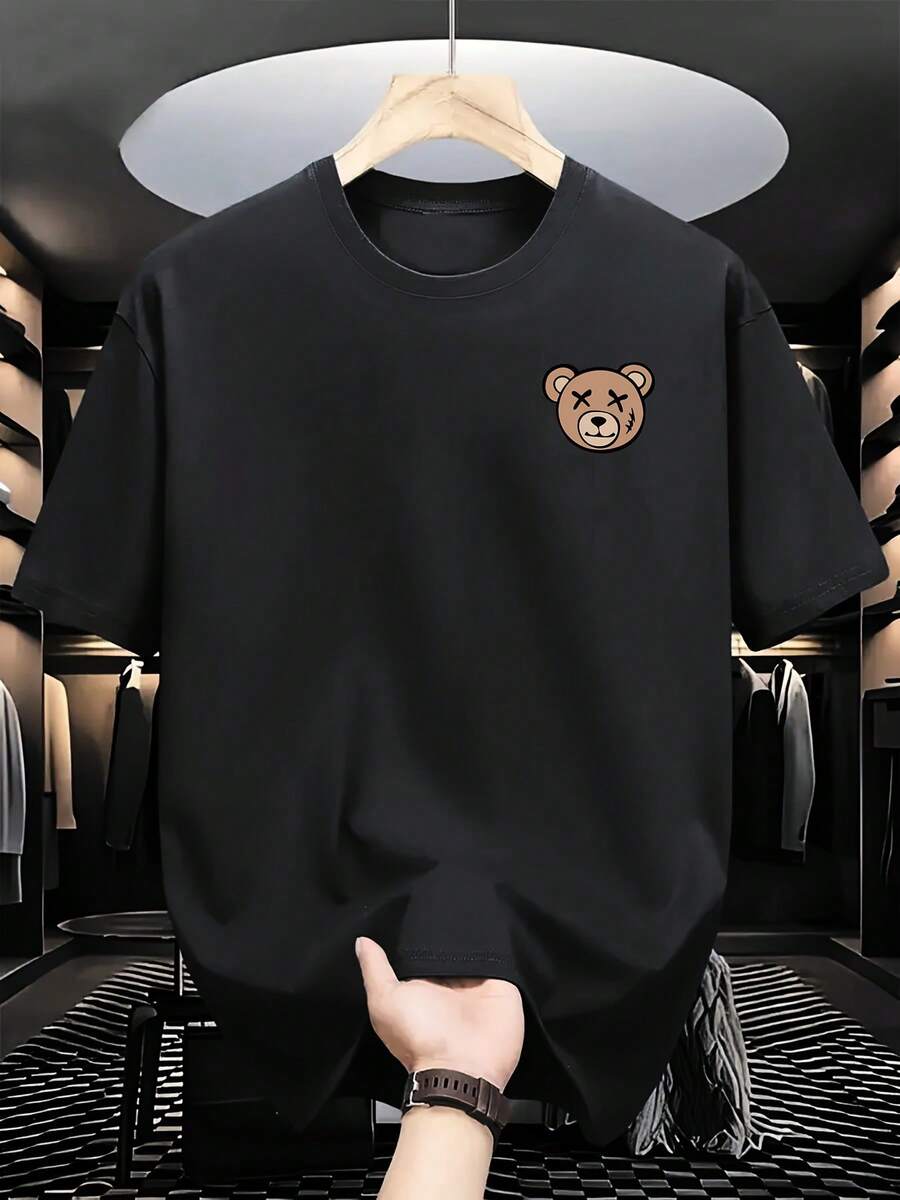 Camiseta unisex de moda con estampado de oso en el pecho - Negro - Ver 1
