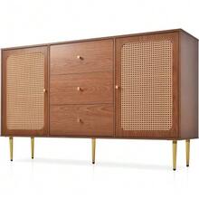 6-Drawer Chest Of Drawers, Rattan Sideboard/Chest Of Drawers For Bedrooms And Living Rooms, Walnut - H90/W120/D40 Cm - 核桃 - 查看 5