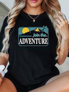1 Pieza Camiseta de Talla Grande para Mujer, Diseño Gráfico, Manga Corta, 220g, Novedosa, 100% Poliéster, Cuello Redondo, Estilo Casual, para Explorar el Aire Libre - Negro - Ver 1