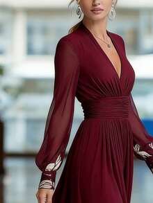 Elegant Long Dress With A Combination Of French-Style Printed Tulle - Burgundy - View 2