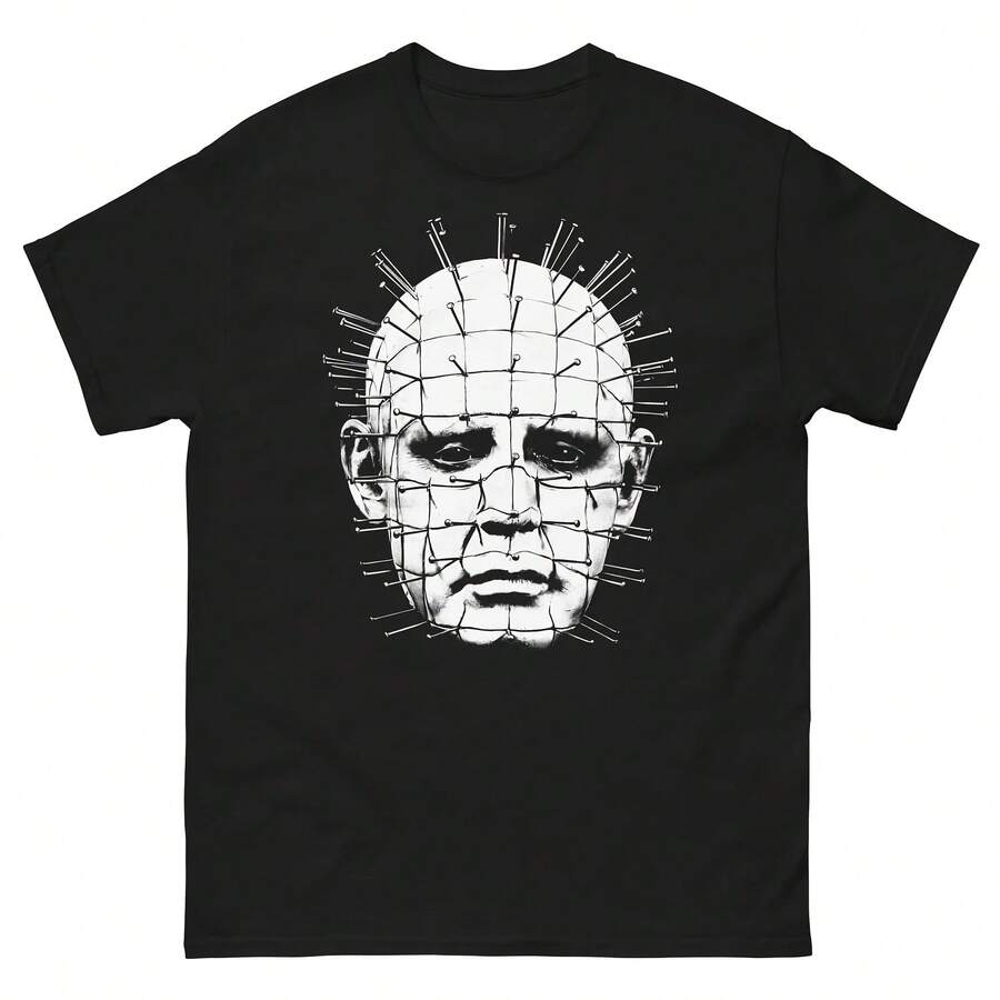 Camiseta de verano para hombre Hellraiser Pinhead, camiseta gráfica clásica de película de terror, camiseta minimalista en blanco y negro, ropa de calle, Top informal de manga corta - Multicolor - Ver 1