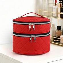1PC Minimalist Portable Travel Makeup Brush Storage Bag, Quilted Diamond Pattern Double Layer Large Capacity Cosmetic Pouch, Lipstick Cushion Brush Storage Bag With Zipper Closure, Daily Makeup Storage Bag - Multicolor - View 6