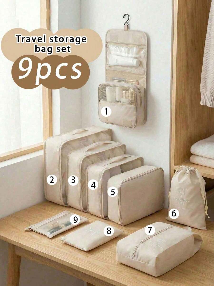 9pcs Travel Packing Cubes Set - Large Capacity Multifunctional Zippered Storage Bags, Handheld Travel Bag, Storage Bag, Mesh Bag, Shoe Bag, Bottle Sleeve, Drawstring Bag, Universal Bag, Luggage Bag, Underwear Storage Bag, Hospital Bag, Shirts, Underwear, Clothing - Multicolor - View 1