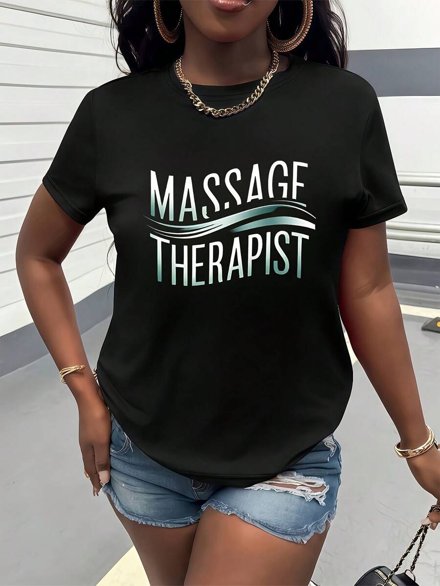 Massage Therapist Print T-Shirt, Short Sleeve, Round Neck, Casual Style, Elegant And Comfortable Women's Clothing, Perfect For Daily Wear, Travel, Parties Or As A Gift - 黑色 - 查看 1