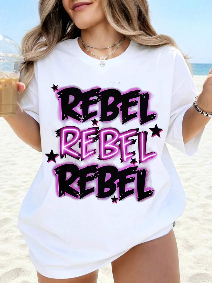 Rebel Rebel Women's Graphic T-Shirt, White, Plus Size, Casual, Summer And Beach, Statement Top For Girls, Youth Fashion, Streetwear 2024 - 白色 - 查看 1