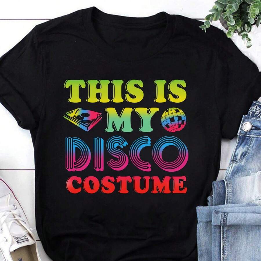 Wide Neck Top With Retro Disco Print, Women's Casual Wear, Short Sleeve Crop Tops, 4th Of July Look, Plus Size Women's Clothing, Women's Holiday Wear, Clothing - 黑色 - 查看 1