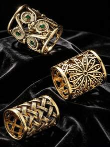 SHEEGIOR 3pcs/Set Vintage Hollow Cross Grid Chrysanthemum Owl Floral Design Scarf Buckle Clothing Veil Headscarf Ring Button Decoration - Bronze - View 6