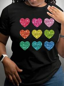 stampado de Lentejuelas Camiseta - Casual Manga Corta Negra con Cuello Redondo, Mezcla Transpirable, Perfecta para Todas las Estaciones, Moda Diaria Estampado Juguetón, Textura Brillante2026 - Negro - Ver 1