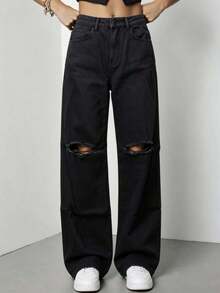 Women's Casual Black Denim Wide Leg Jeans With Distressed Knees, Long Button Detail, Non-Stretch Fabric For A Baggy, Grunge Look - Preto Rasgada - 查看 1