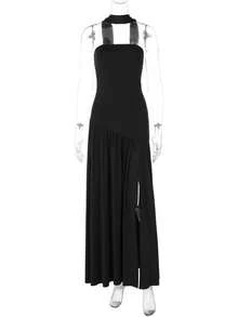 Women's Elegant Fashion Party Dress, Fitted Plain, Open Back, Floating Ribbon, European Style, New - Black - View 3