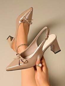 New Arrival Women Spring Autumn Solid Color Sexy Pointed Toe Block Heel Sandals, Back Pull‑Tab High Heels For Commute Club Party, Match Dresses - Apricot - View 3