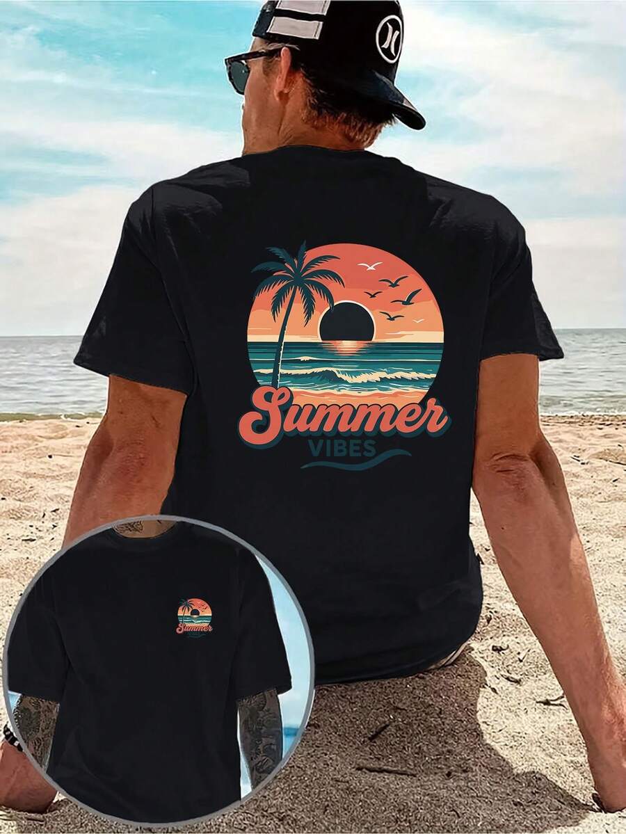 Una camiseta casual para hombre con un diseño creativo, que presenta un estampado de cocoteros y atardecer en ambos lados, estilo vacaciones tropicales, ambiente relajado de verano, camiseta - Negro - Ver 1
