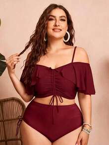 Swim Chiccia Women's Solid Color Spaghetti Strap Off-Shoulder 2-Piece Bikini Set With Ruffles And Drawstring - Elegant And Stylish For Vacation - 波爾多 - 查看 1