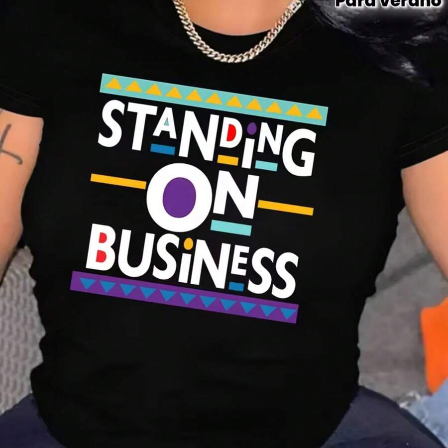 Camiseta estampada con letras de Standing On Business, manga corta, cuello redondo, casual para verano y primavera, ropa de mujer. - Negro - Ver 1