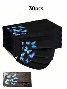 10/30pcs New Style Individually Packaged Black Butterfly Print Face Masks, Women's Daily Outdoor Use Face Cover, Elegant Breathable Non-Woven Fabric Fashion Protective Mask - Black - View 9