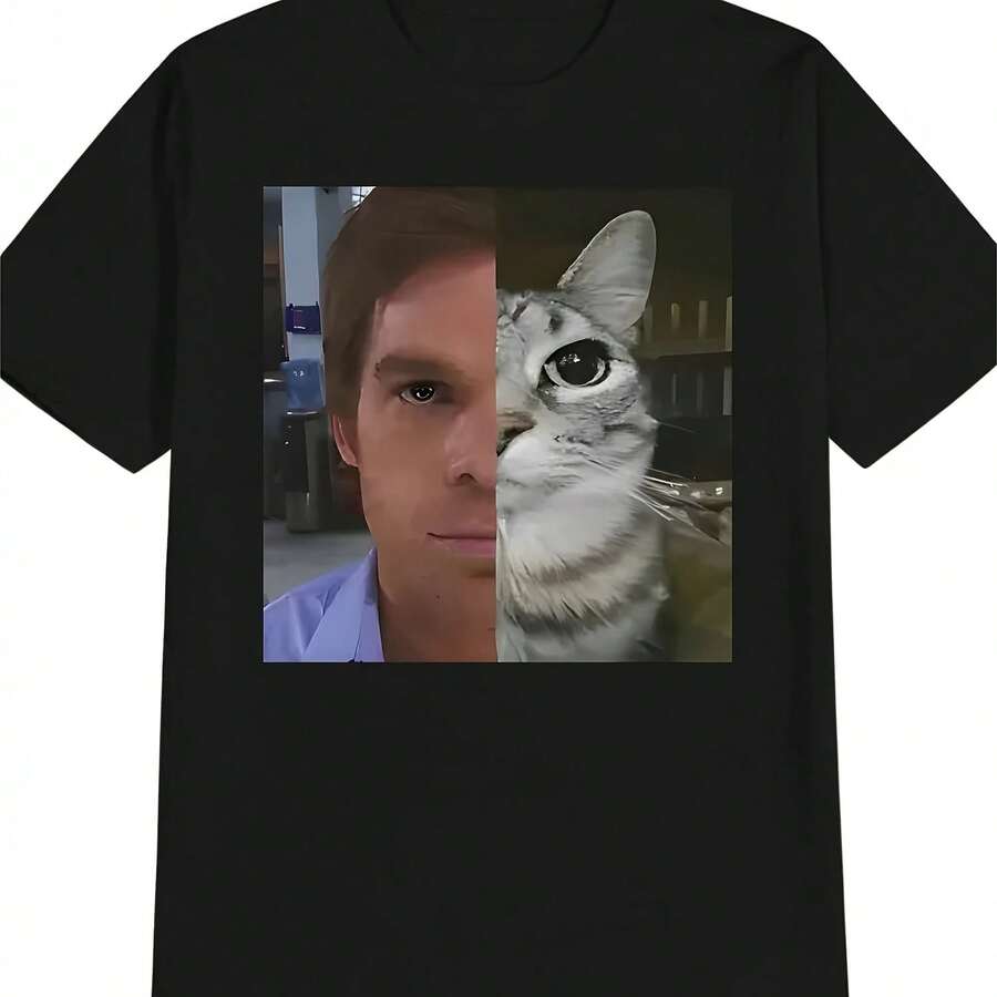 Funny Men's T-Shirt, Cursed Cat Meme Tee, Casual Cotton Tee, Oversized Casual Streetwear, Summer Novelty, Vintage Gifts For Cat Lovers - 彩色 - 查看 1