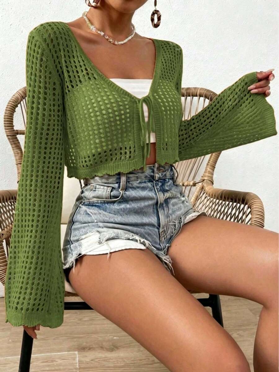 Plus Size Solid Color Cropped Hollow Knit Cardigan - Green - View 1