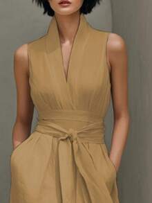New 2026 Elegant Casual Dress, V-Neck, Solid Color, Sleeveless, Adjustable Drawstring And Pockets - 卡其色 - 查看 2