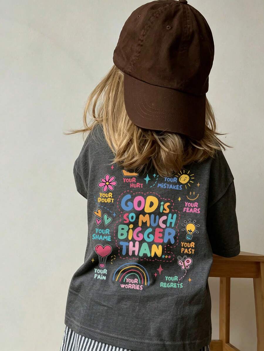 Young Girl "Bigger Than Worries" Graphic T-Shirt, Fashionable Casual Versatile Top Suitable For Girls' Daily Wear - Dark Grey - View 1