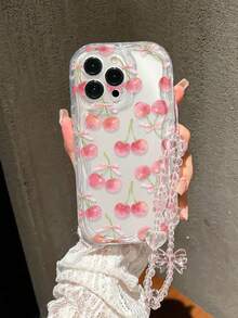 Cherry Transparent Painted Phone Case With Chain, Creamy Wavy Edge, Minimalist Anti-Drop Thickened Protective Cover, Printed Design, Compatible With IP 16, IP 11, IP 16 Pro Max, IP 13, IP 11, IP 12, IP 13, IP 16, IP 15, IP 16 Plus, IP 16 Pro Max - Multicolor - View 3